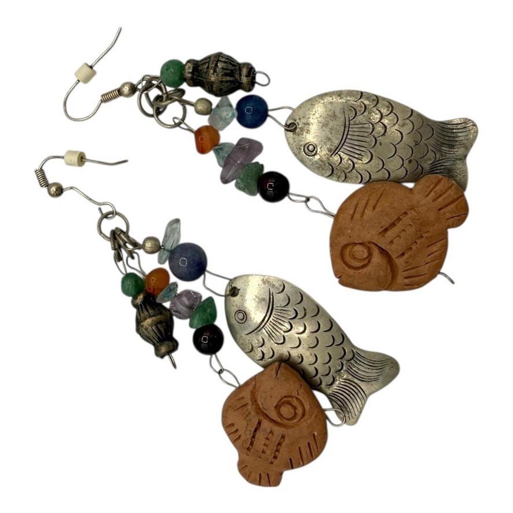 Bohemian Arisan Drop Kinetic Fish Earrings Statement gemstones whimsical 3"